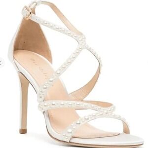 Dee Ocleppo Size 7.5 Ivory Satin Pearl Strappy Stiletto Sandals Fiji Bridal